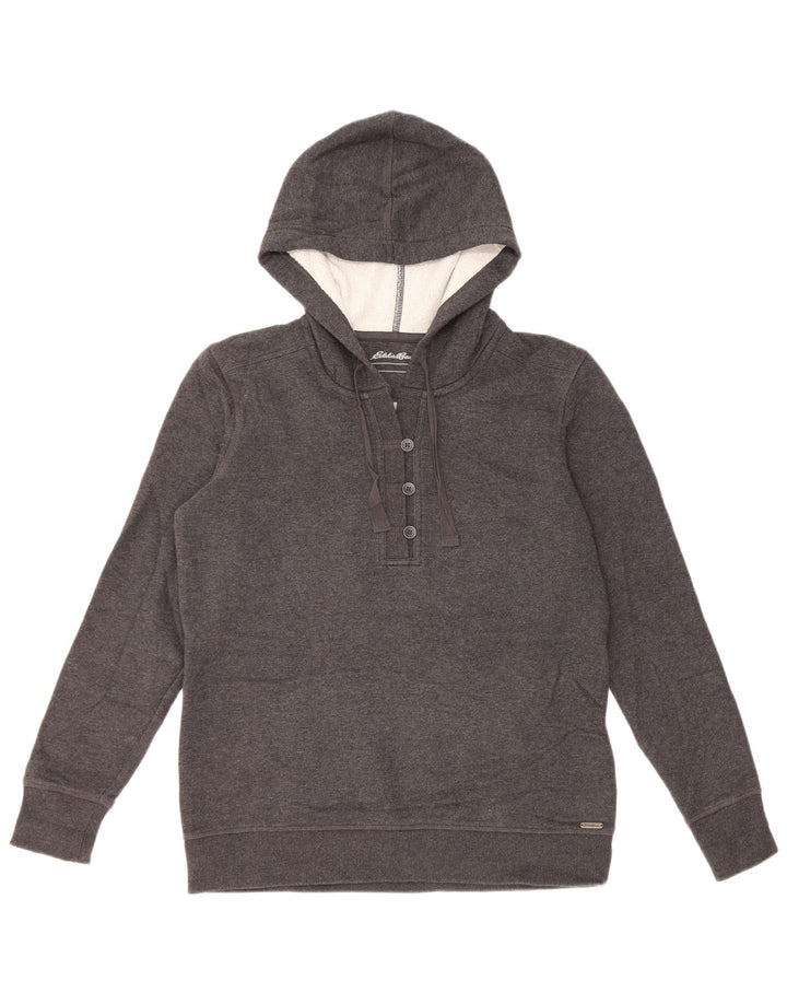 EDDIE BAUER Womens Button Neck Hoodie Jumper UK 14 Medium Grey Cotton