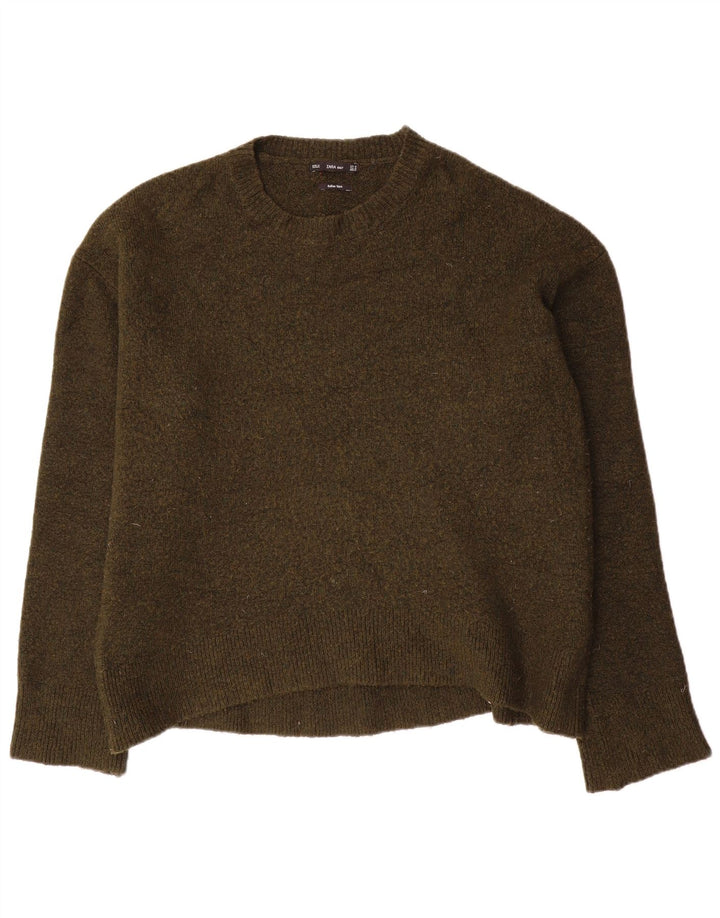 Zara Womens Oversized Crew Neck Jumper Sweater UK 14 Medium Khaki Viscose