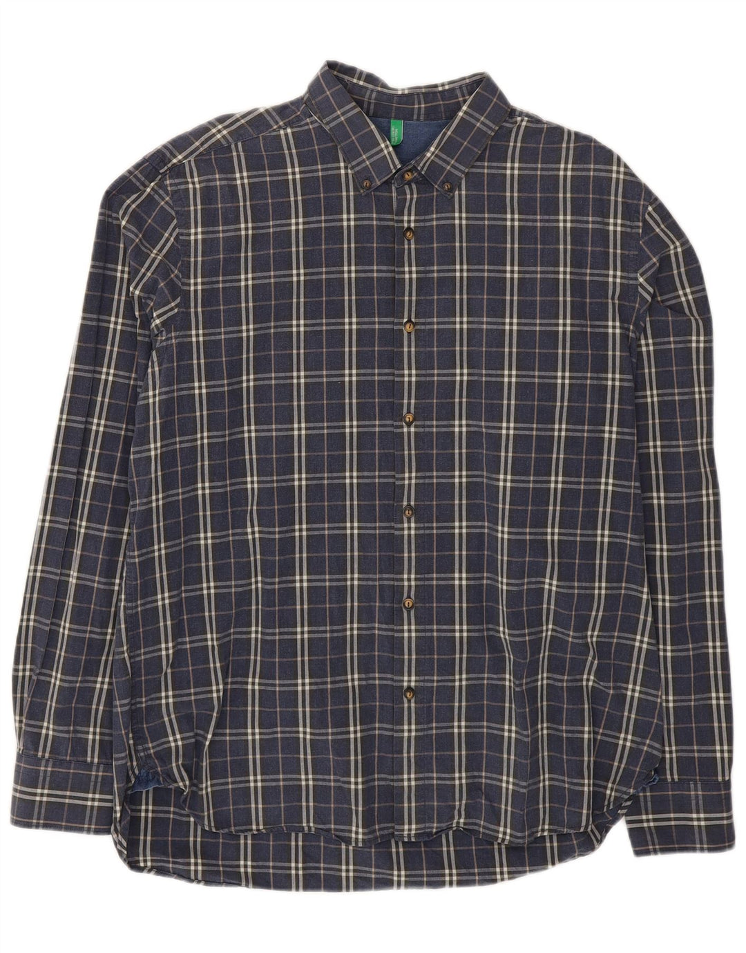 Benetton Mens Shirt 2XL Navy Blue Check Cotton