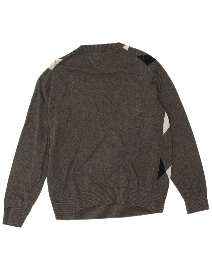 Tommy Hilfiger Mens V-Neck Jumper Sweater Medium Grey Argyle/Diamond Cotton