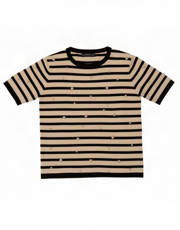 Zara Womens Crop Blouse Top UK 10 Small Off White Striped Viscose