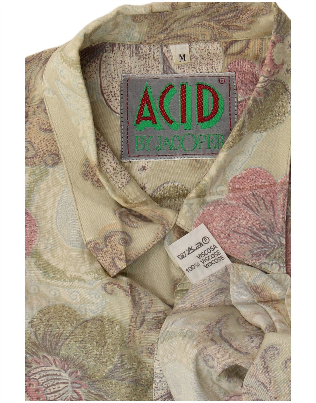 Vintage Mens Shirt Medium Beige Floral Viscose