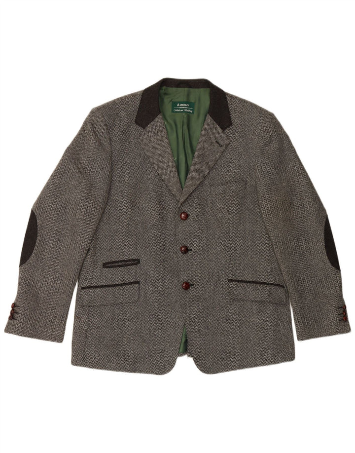 H.MOSER Mens 3 Button Blazer Jacket EU 54 2XL Grey Herringbone Wool