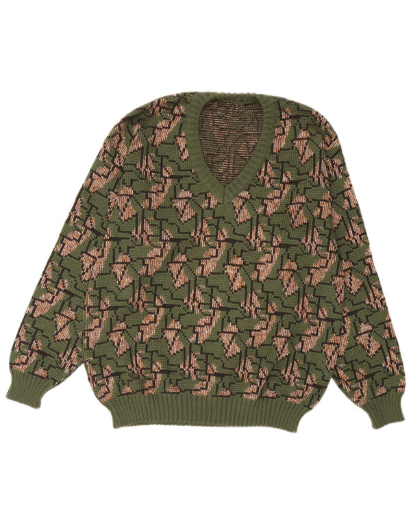 Maglione vintage da uomo con scollo a V IT 52 Grande verde geometrico