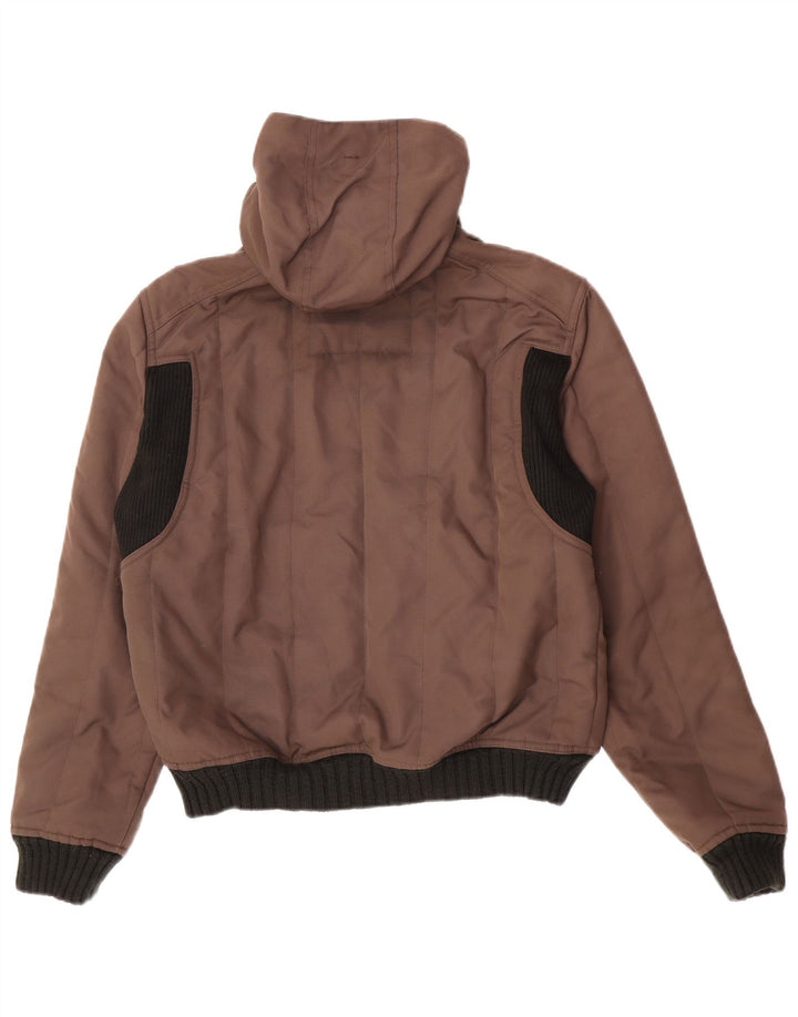 Vintage Mens Hooded Bomber Jacket UK 38 Medium Brown Colourblock Polyester