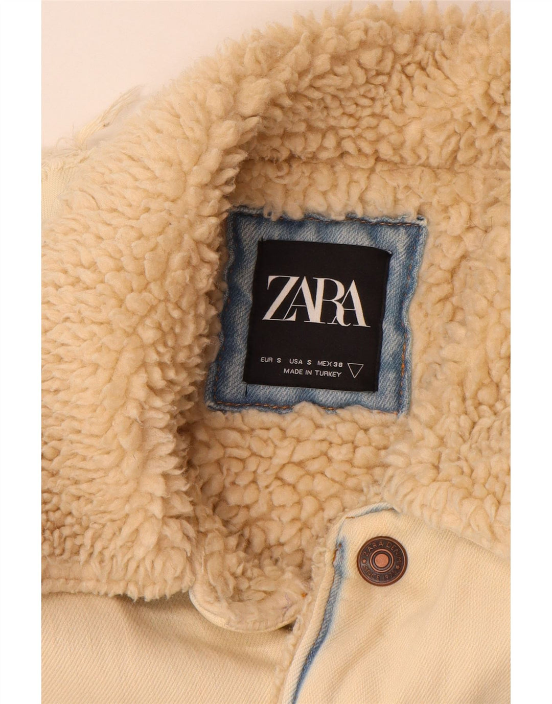 Zara Mens Sherpa Denim Jacket UK 36 Small Beige Cotton