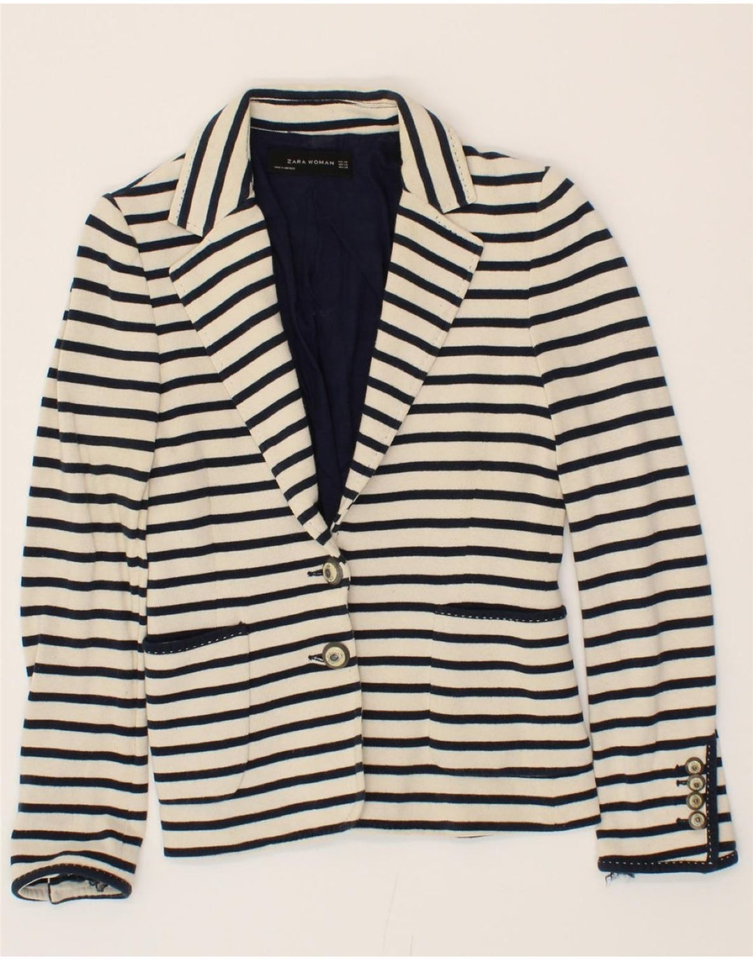 ZARA Womens 2 Button Blazer Jacket UK 6 XS Navy Blue Striped Nautical Vintage Zara and Second-Hand Zara from Messina Hembry 