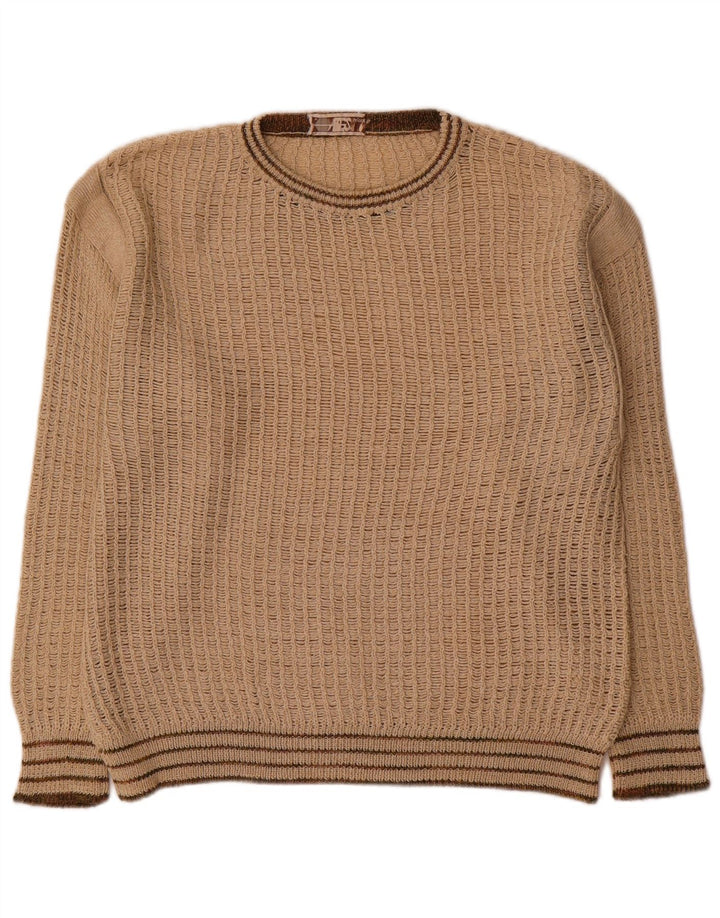 Vintage Mens Boat Neck Jumper Sweater Medium Beige Striped