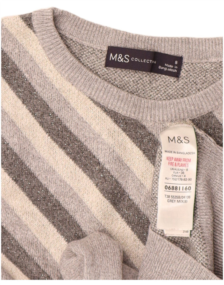 Marks & Spencer Womens Crew Neck Jumper Sweater UK 8 Small Grey Striped