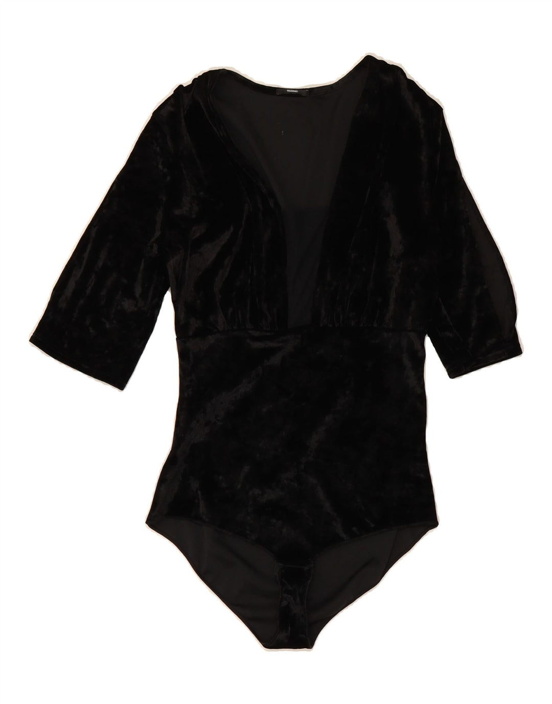 TEZENIS Womens Velvet 3/4 Sleeve Bodysuit UK 12 Medium Black Vintage Tezenis and Second-Hand Tezenis from Messina Hembry 
