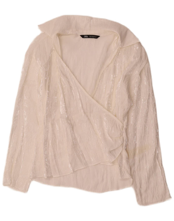 Zara Dame Langærmet Bluse Top UK 12 Medium White Viscose