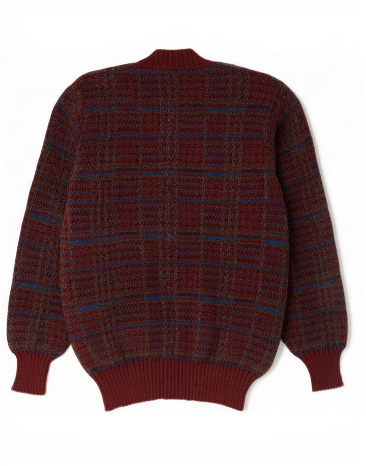 Vintage Mens Cardigan Sweater Large Burgundy Check