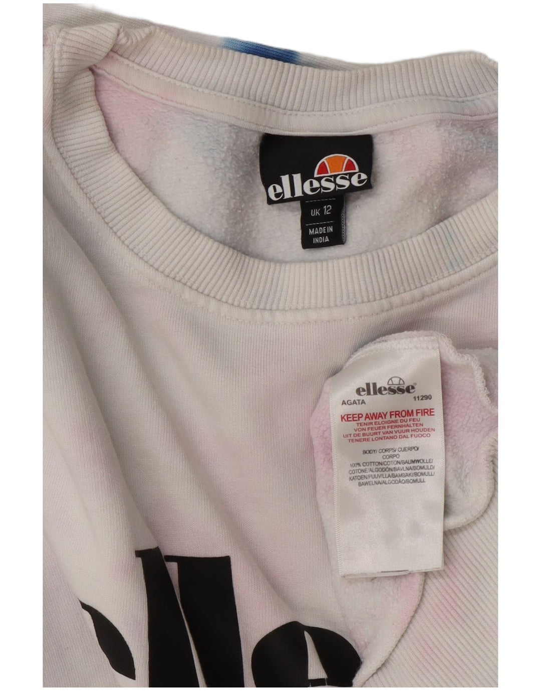 Ellesse Womens Graphic Sweatshirt Jumper UK 12 Medium White Tie Dye Cotton