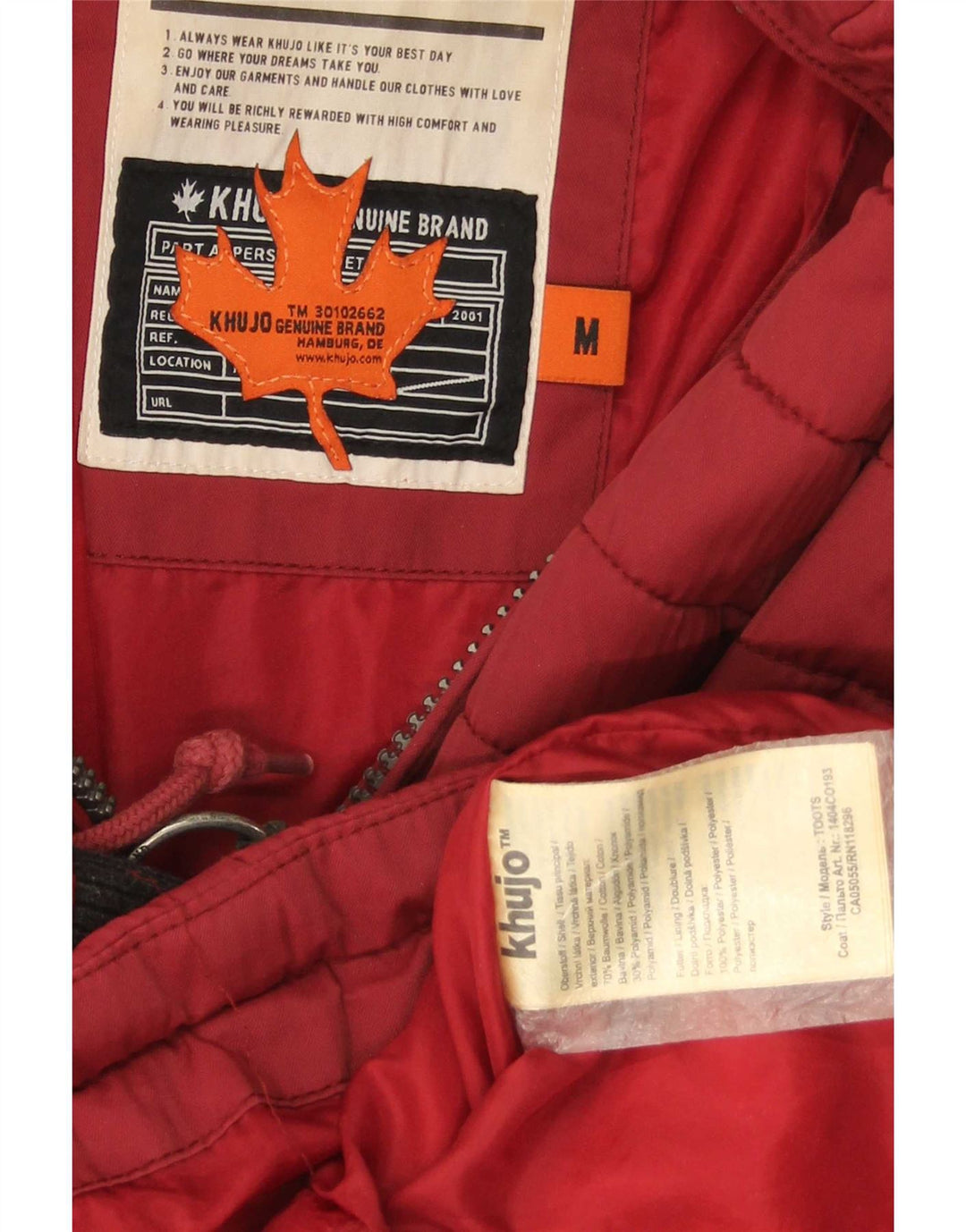 KHUJO Womens Hooded Padded Coat UK 14 Medium Red Cotton