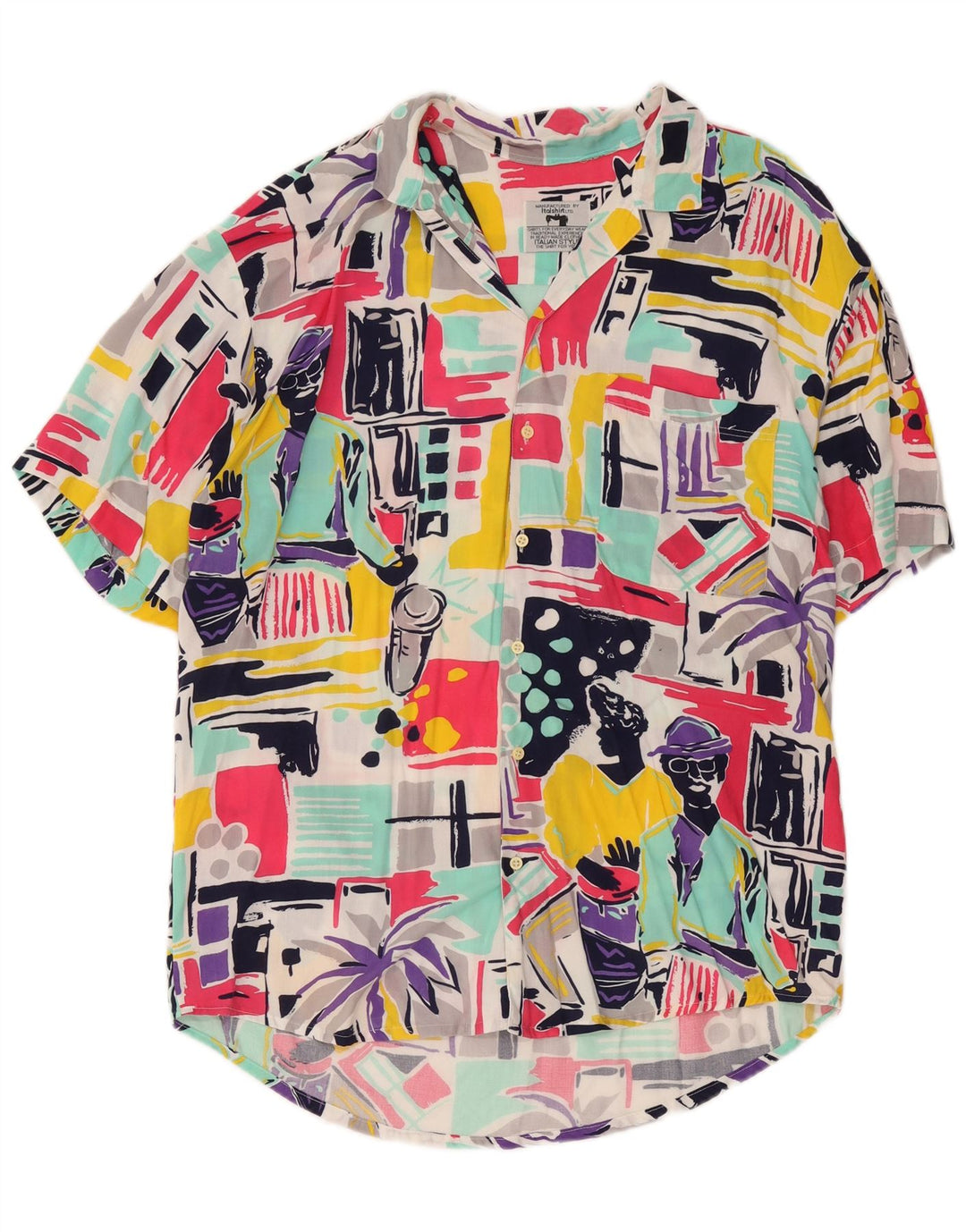 Vintage Mens Graphic Short Sleeve Shirt Medium Multicoloured Patchwork