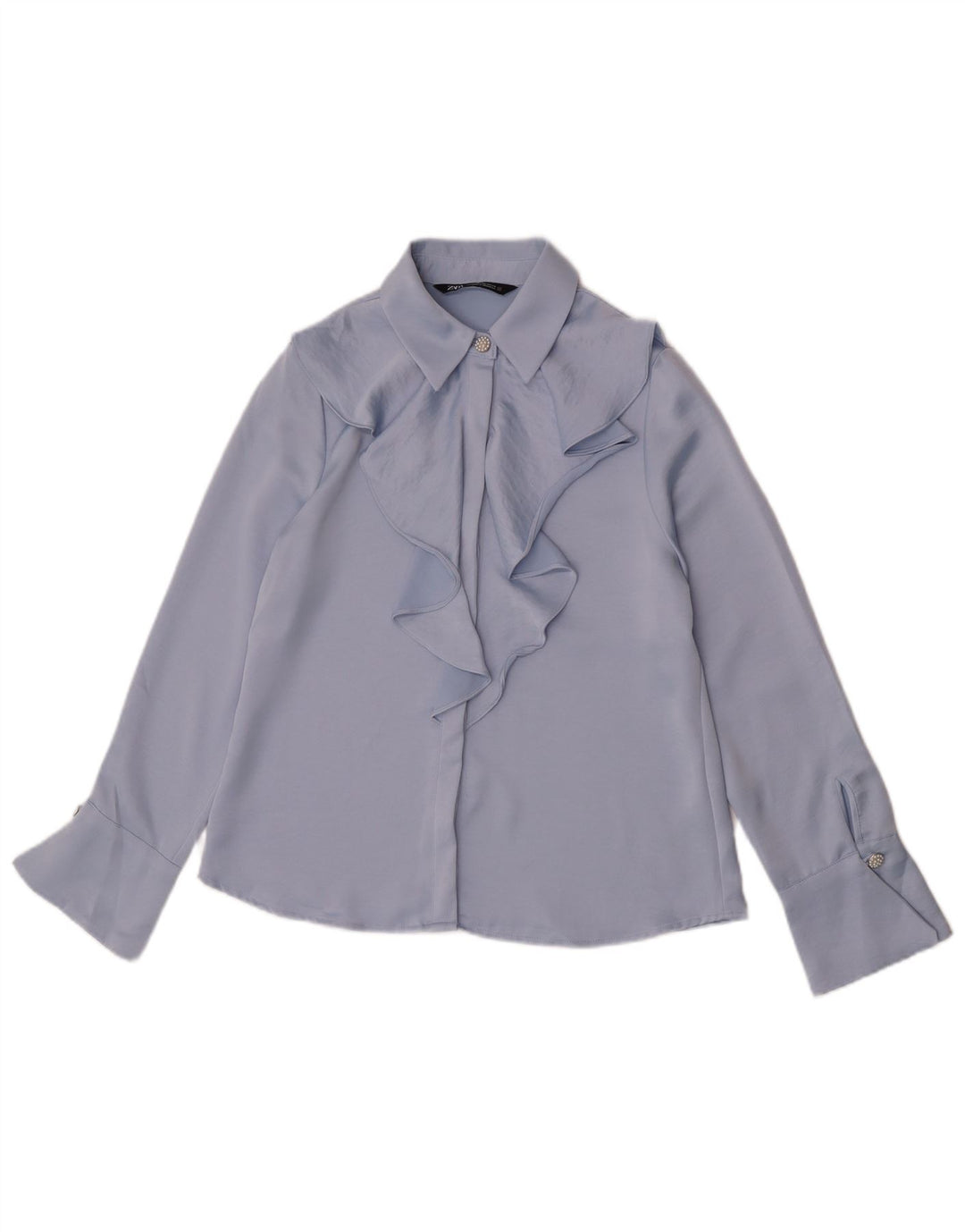 Zara Womens Ruffle Front Shirt Blouse UK 6 XS Blue Polyester