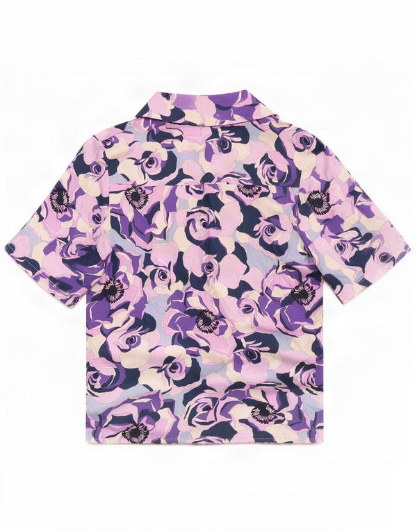 Vintage Damen Kurzarm-Hemdbluse UK 12 Medium Purple Floral Silk