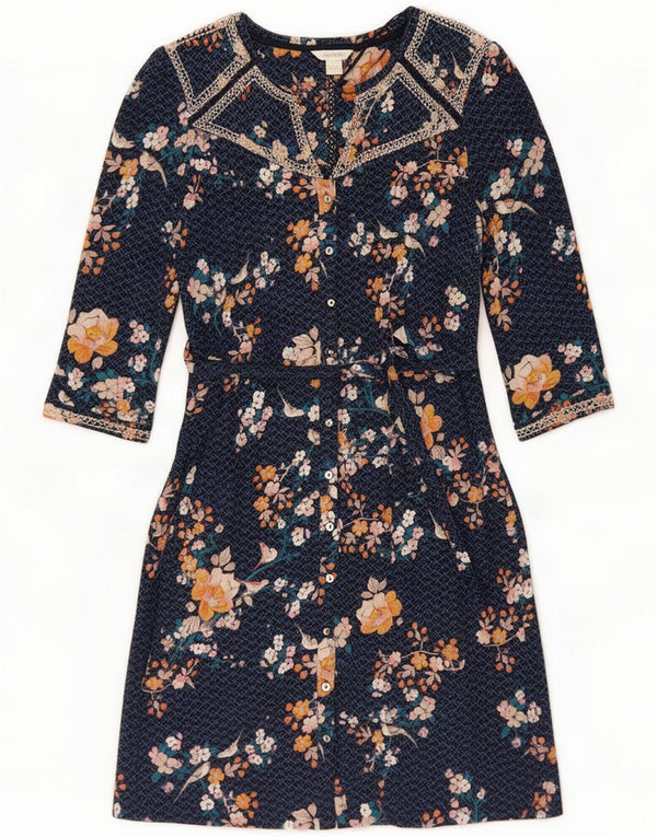 Monsoon Robe chemise à manches 3/4 pour femme UK 14 Grand coton floral bleu marine