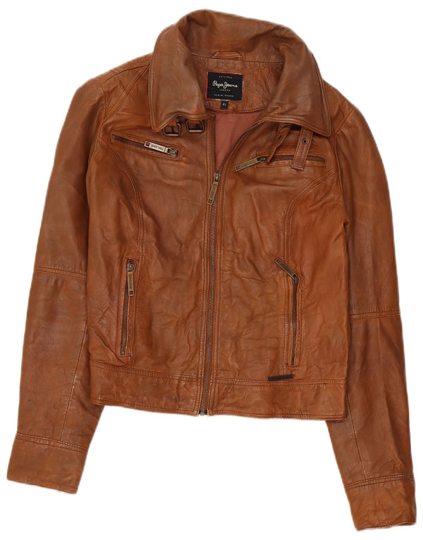 PEPE Jeans Womens Crop Leather Jacket UK 18 XL Brown