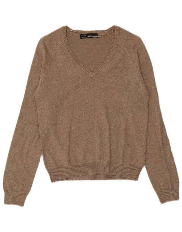Zara Damen-Pullover mit V-Ausschnitt, UK 18, XL, braune Baumwolle