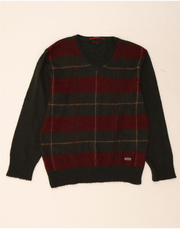 GUESS Mens V-Neck Jumper Sweater XL Khaki Check Acrylic Vintage Guess and Second-Hand Guess from Messina Hembry 