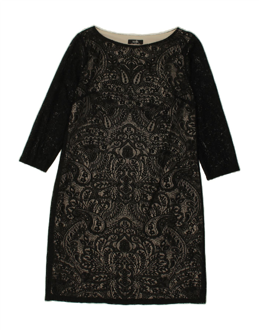 WALLIS Womens 3/4 Sleeve Shift Dress UK 10 Small Black Paisley Polyester Vintage Wallis and Second-Hand Wallis from Messina Hembry 