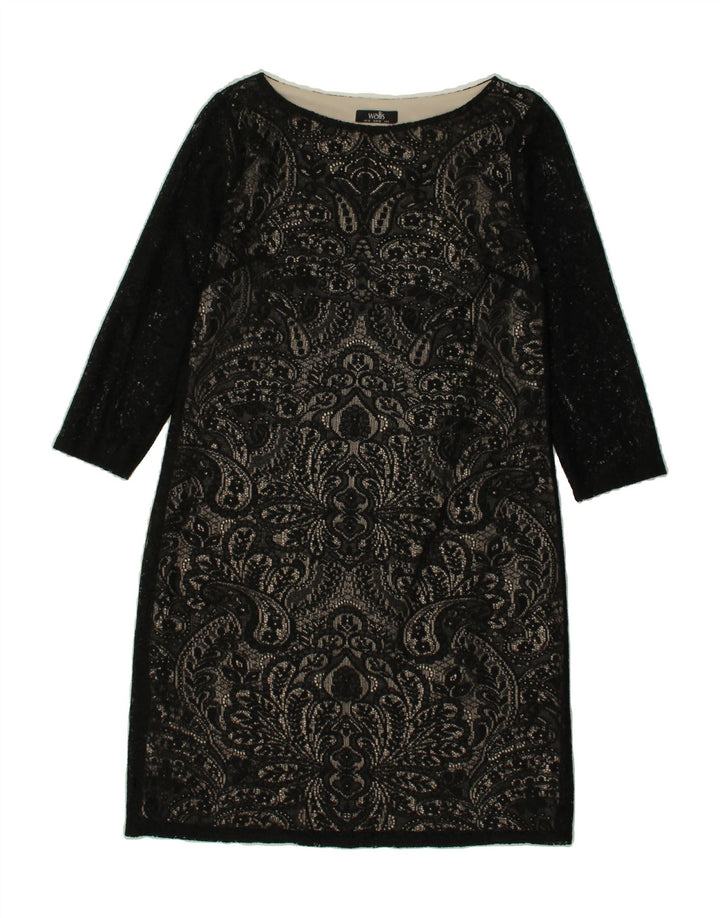 WALLIS Womens 3/4 Sleeve Shift Dress UK 10 Small Black Paisley Polyester Vintage Wallis and Second-Hand Wallis from Messina Hembry 