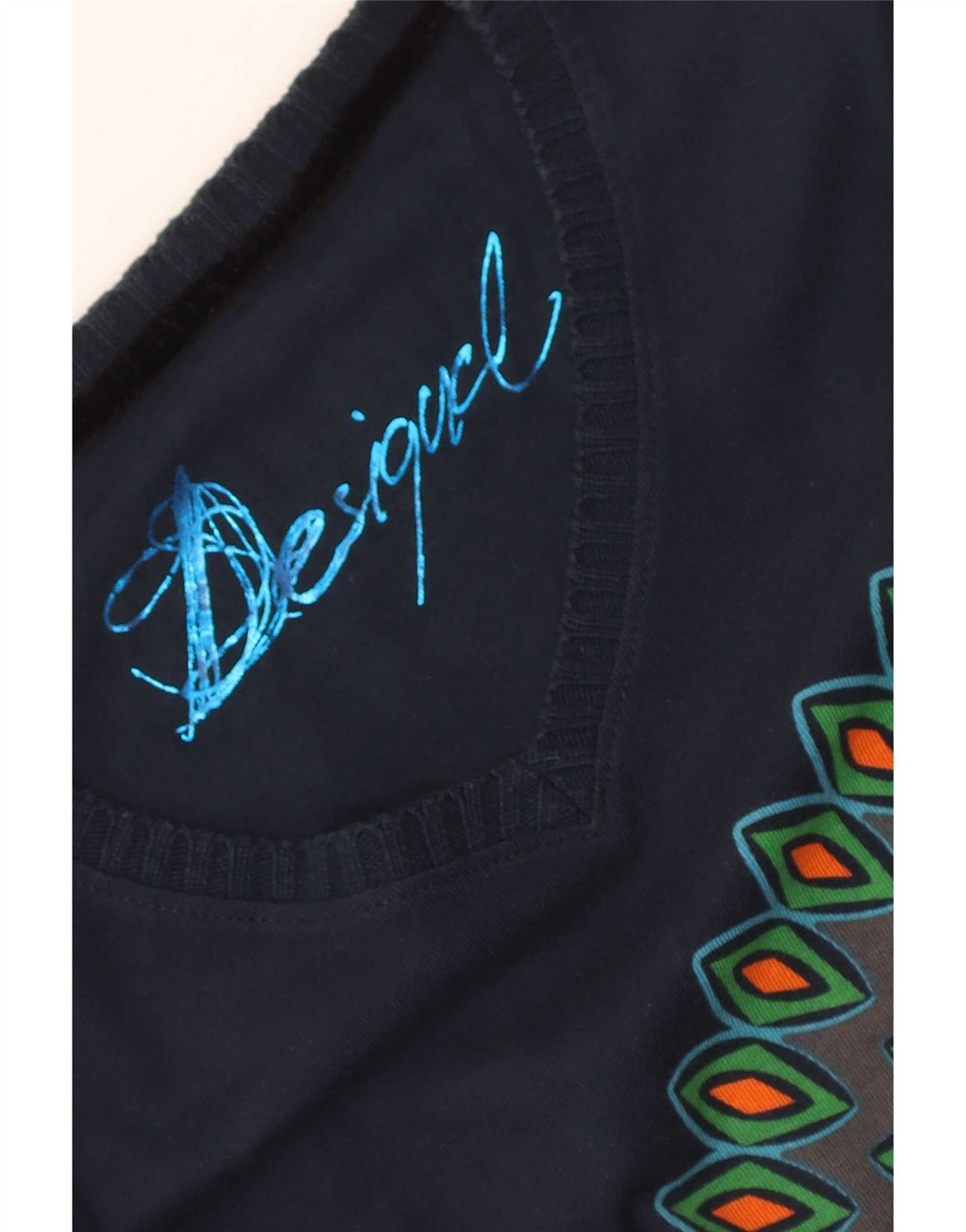 Desigual Womens Graphic Top Langarm UK 12 Medium Navy Blue Geometrisch