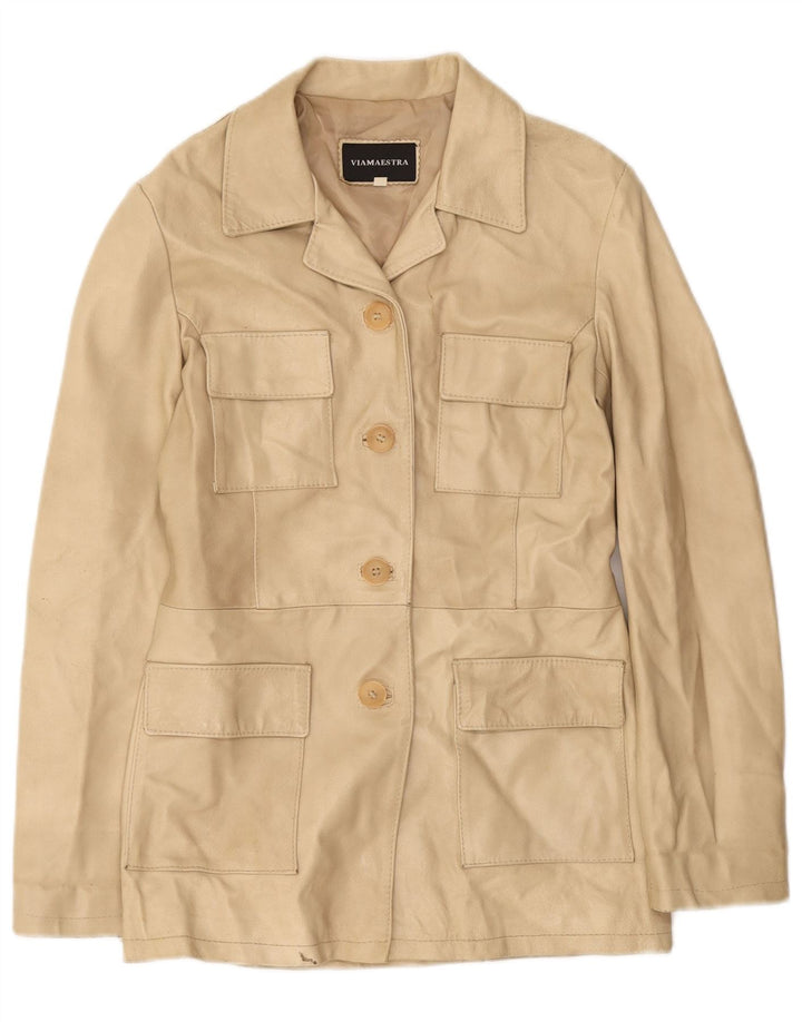 Viamaestra Womens Leather Jacket UK 12 Medium Beige Leather