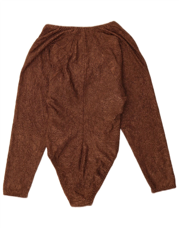 Vintage Womens Long Sleeve Bodysuit UK 12 Medium Brown Polyamide