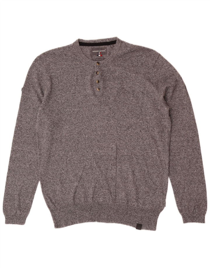 Superdry Mens Regular Fit Button Neck Jumper Sweater XL Grey Flecked Cotton