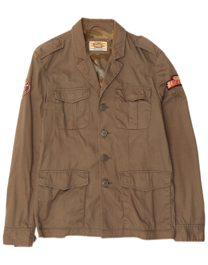 Guru Mens Graphic Military Jacket UK 40 Large Brown Cotton