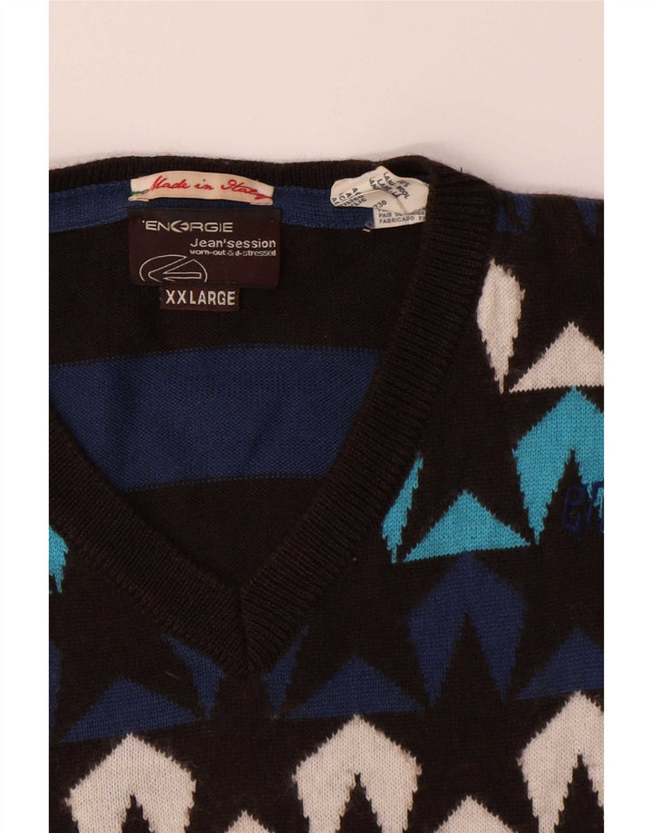 Energie Mens Abstract Pattern V-Neck Jumper Sweater 2XL Multicoloured Wool