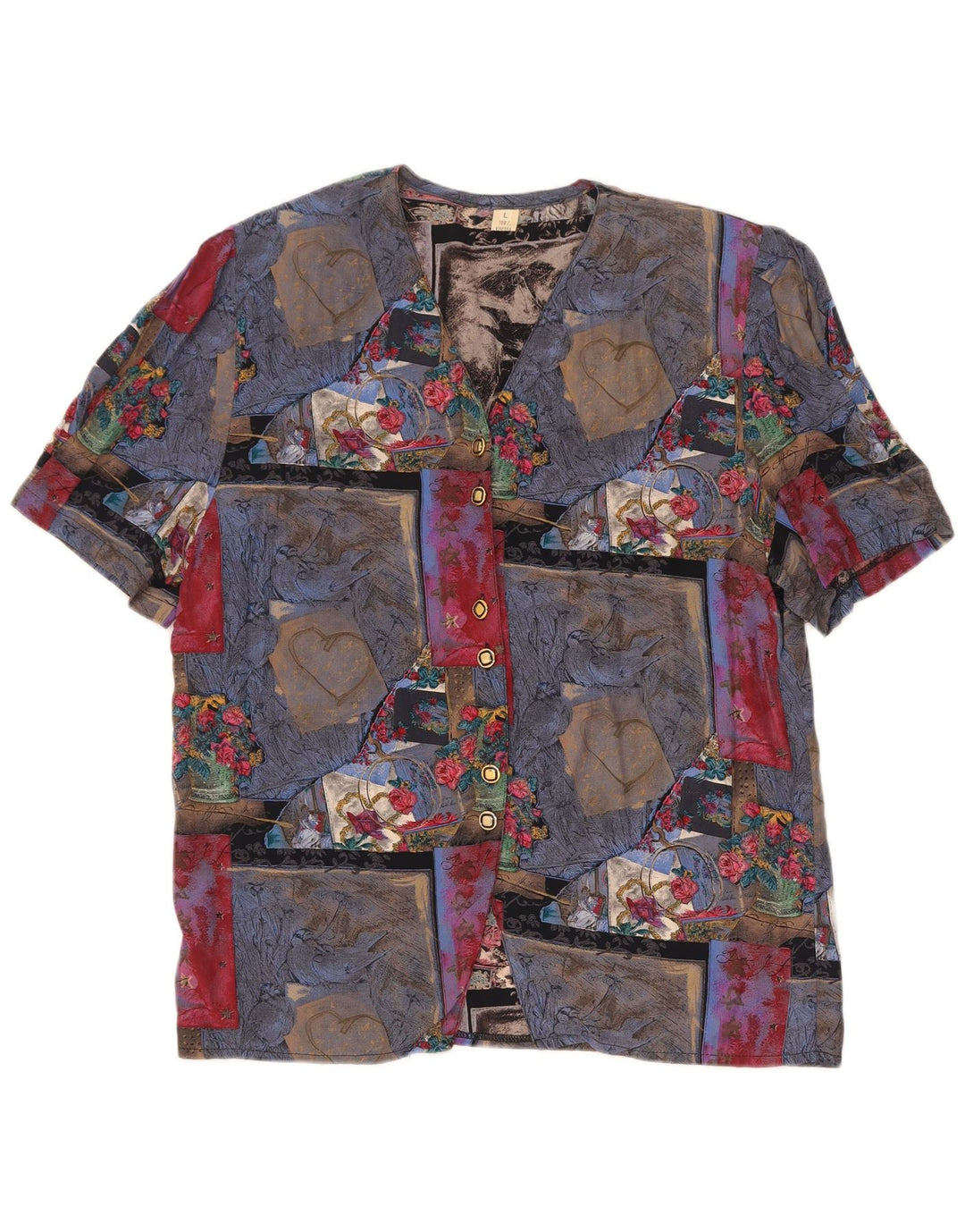 Camicetta camicia vintage da donna UK 16 grande patchwork multicolore