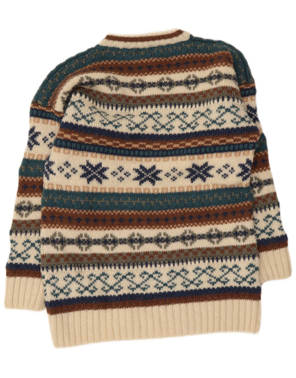 Vintage Mens Crew Neck Jumper Sweater Medium Beige Fair Isle Wool