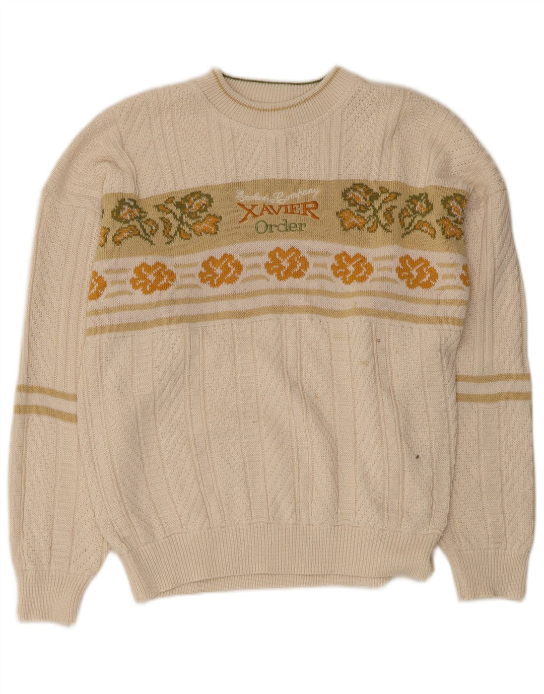 VINTAGE Mens Graphic Boat Neck Jumper Sweater Medium White Floral