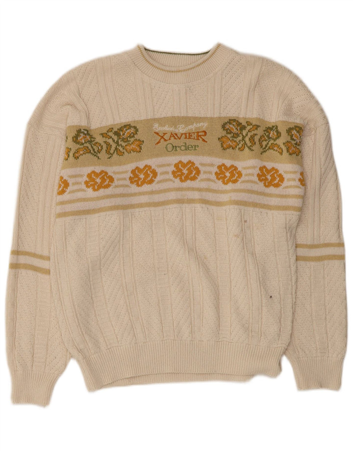 VINTAGE Mens Graphic Boat Neck Jumper Sweater Medium White Floral