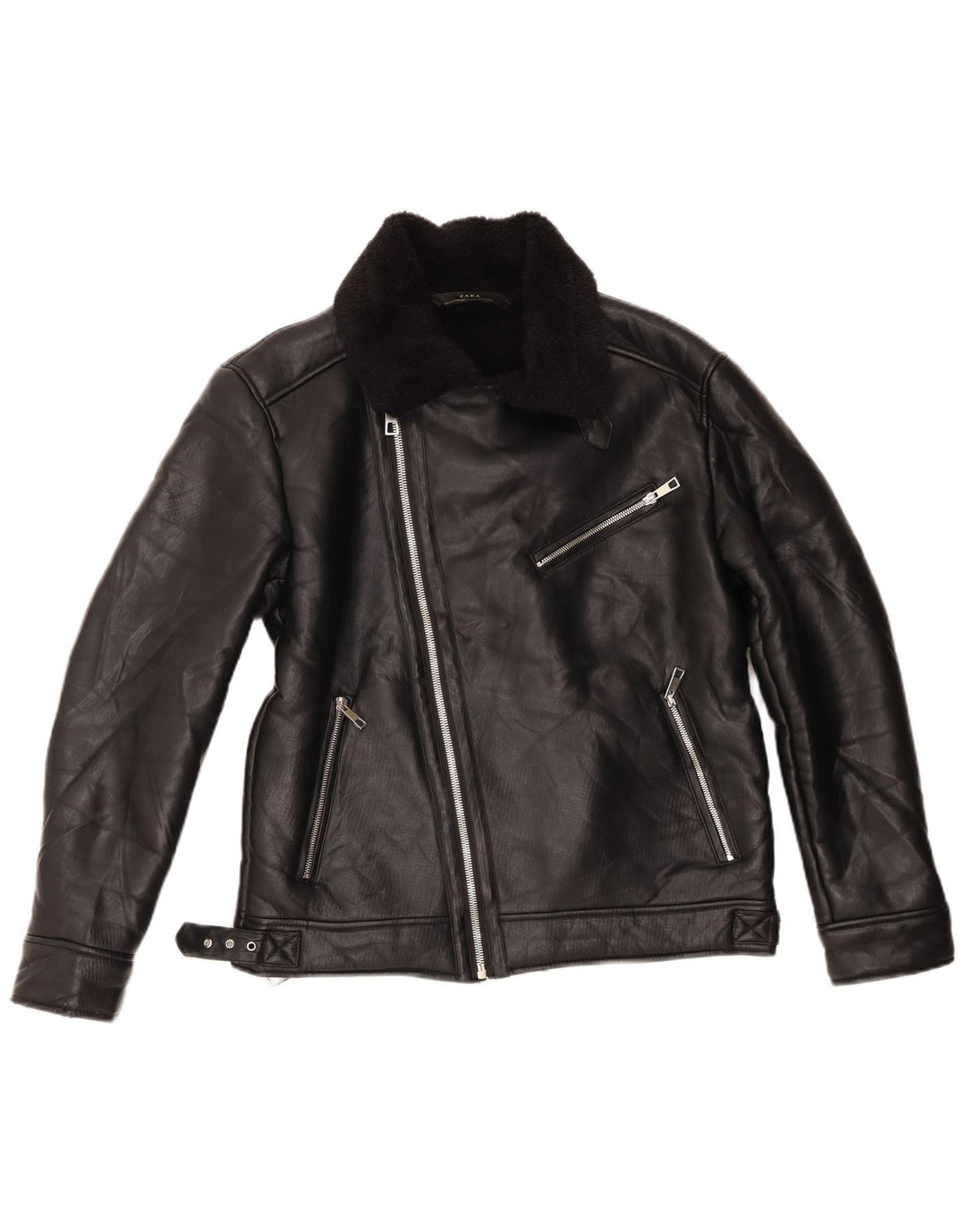 Zara Womens Sherpa Biker Jacket UK 14 Medium Black Polyester