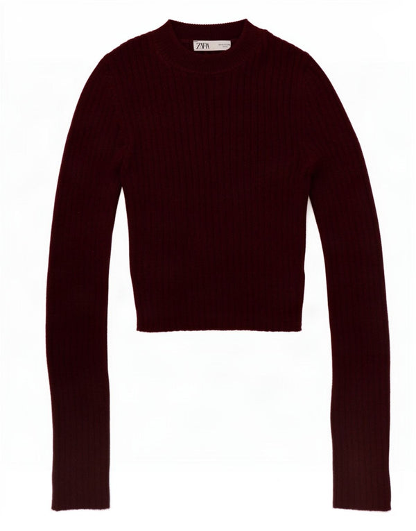 Zara Mujer Crop Turtle Neck Jumper Sweater UK 12 Medium Borgoña Algodón