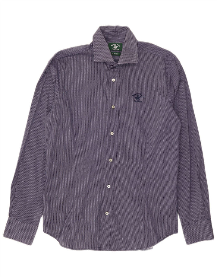 Beverly Hills Mens Slim Fit Shirt Medium Blue Spotted Cotton