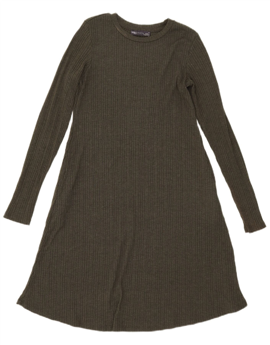 Marks & Spencer Womens Long Sleeve A-Line Dress UK 8 Small Khaki Polyester