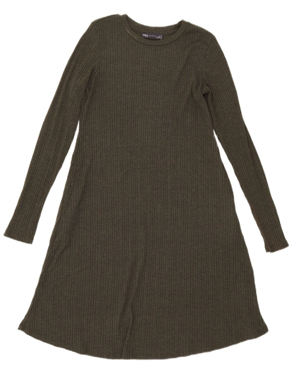Marks & Spencer Damen-Langarmkleid in A-Linie, Größe S, Khaki, Polyester