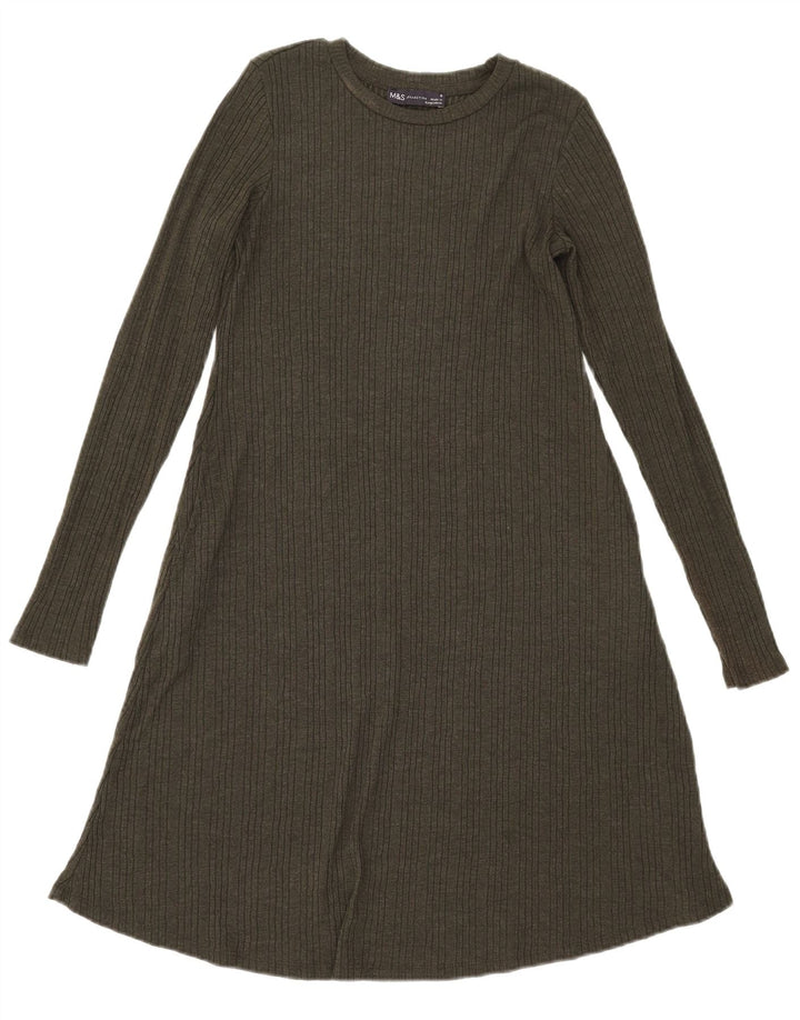 Marks & Spencer Womens Long Sleeve A-Line Dress UK 8 Small Khaki Polyester