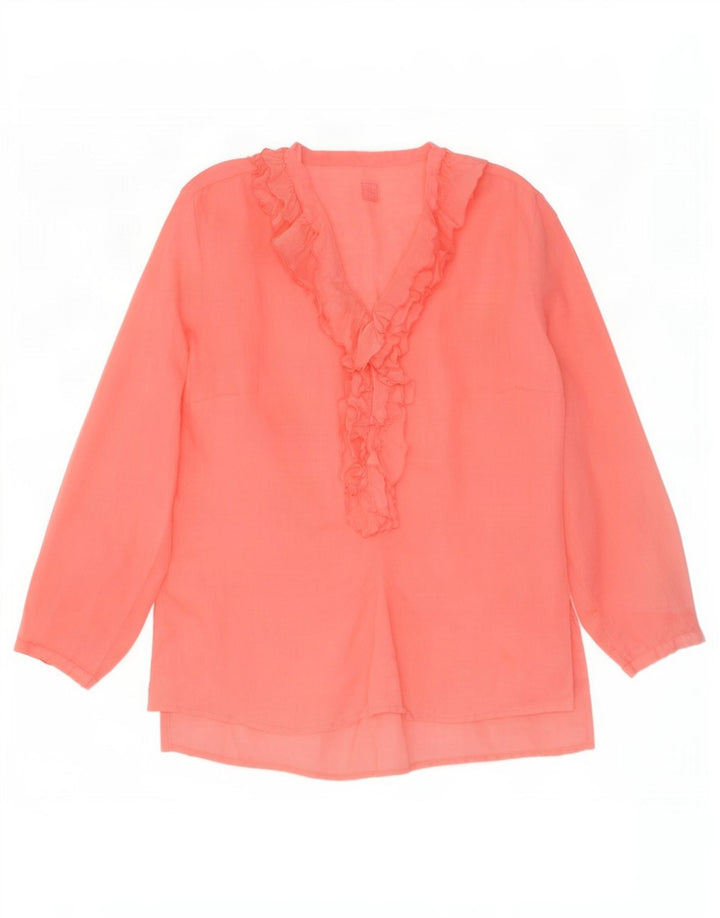 120% Lino Womens Long Sleeve Ruffle Front Blouse Top IT 46 Large Pink Linen