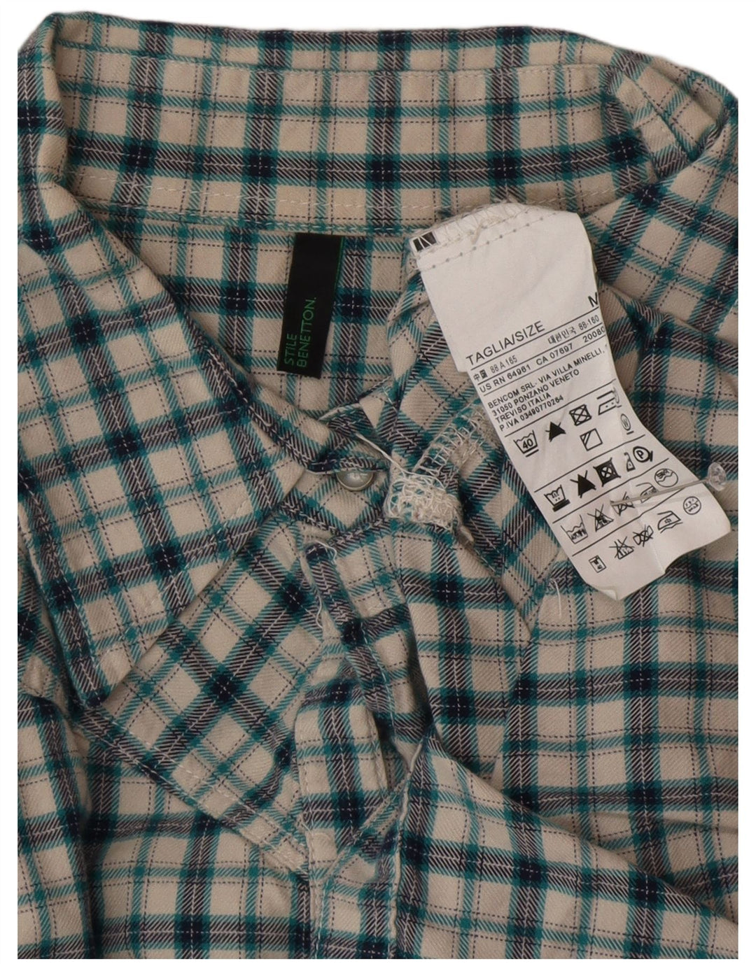 BENETTON Womens Flannel Shirt UK 14 Medium Green Check Cotton