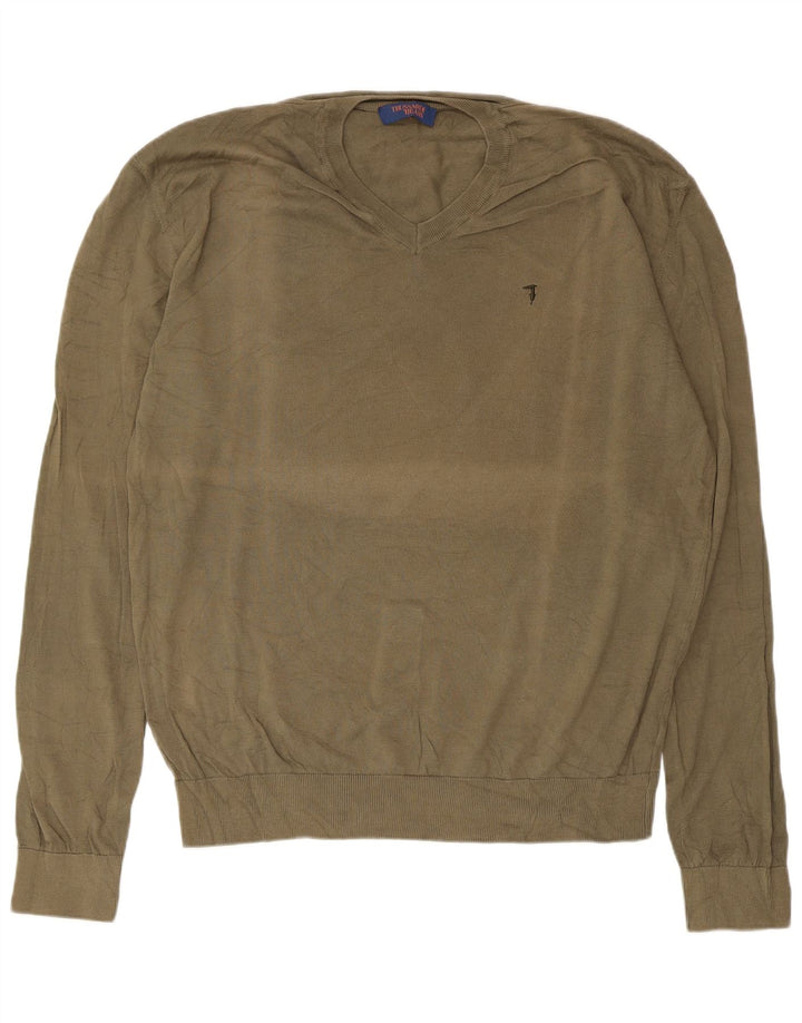 Trussardi Jeans Mens V-Neck Jumper Sweater Large Khaki