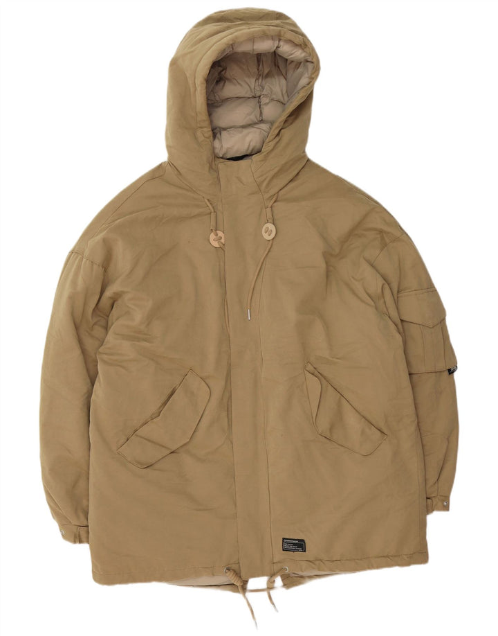 Zara Mens Hooded Loose Fit Padded Jacket UK 38 Medium Beige Polyester