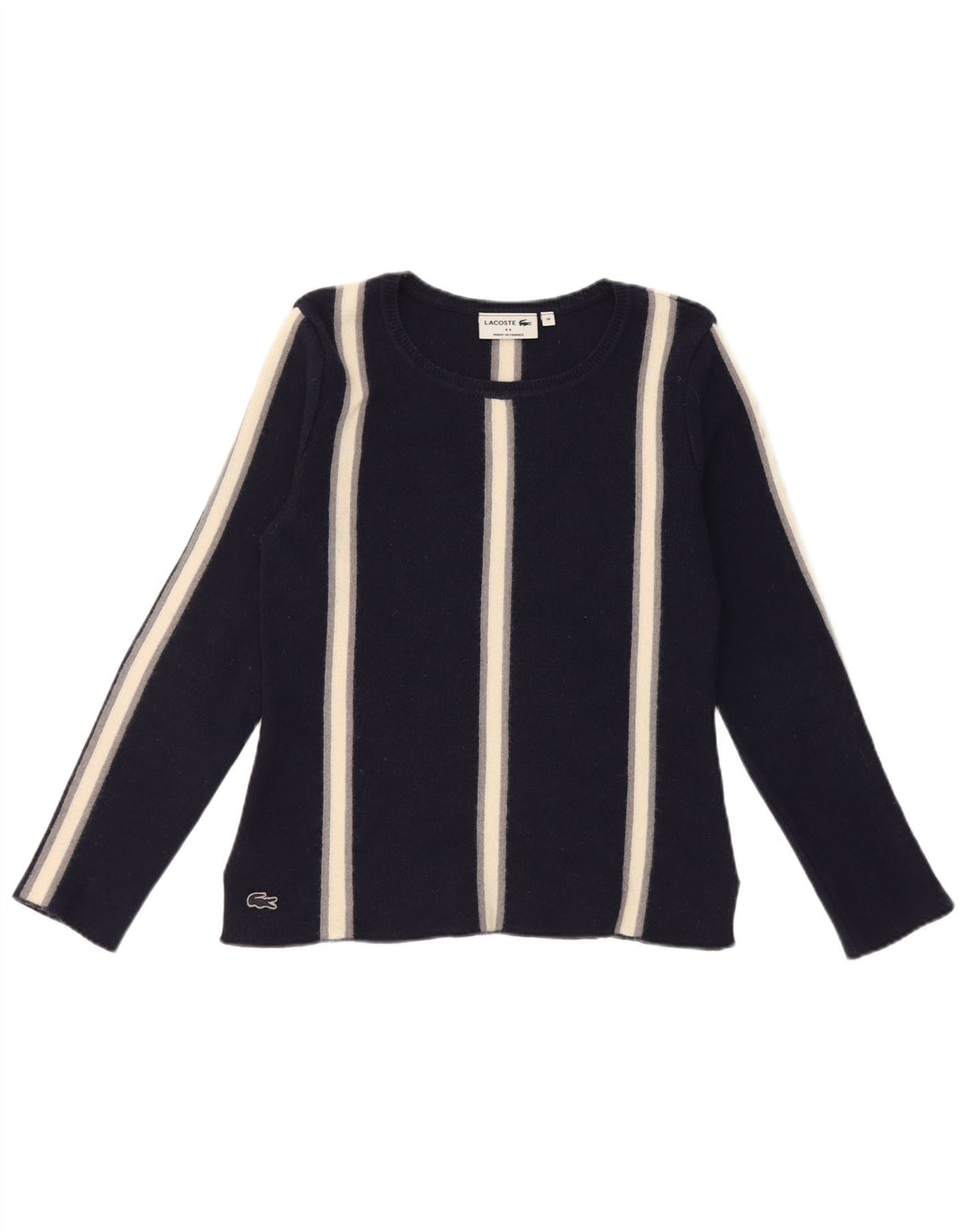 Lacoste Womens Boat Neck Jumper Sweater Size 38 Medium Navy Blue Striped