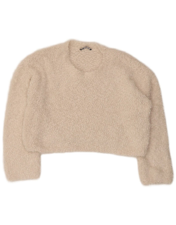 Zara Pull court surdimensionné à col rond pour femme UK 10 Petit Blanc cassé
