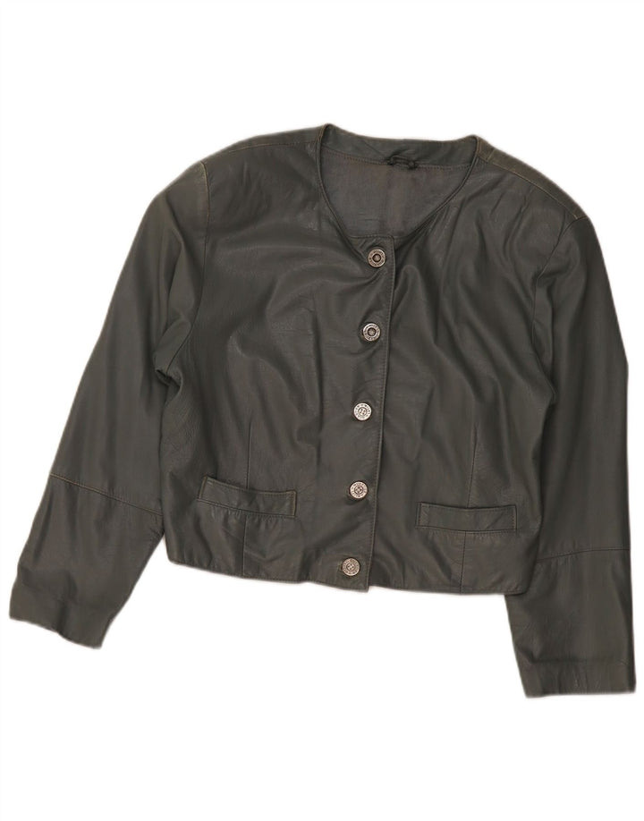 VINTAGE Womens Leather Bomber Jacket UK 12 Medium Grey Leather
